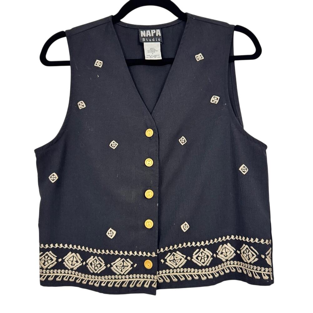Vintage Napa Studio Black Embroidered Vest Womens S South Western Wood Button
